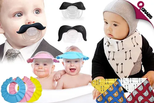 From QR19 Have a Happy & Cute Baby with Reversible Bibs, Bath-Time Face Protectors and Mustache Pacifiers! (Up to QR89 Value)